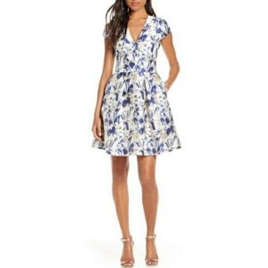 Vince Camuto Jacquard Floral Mini Dress Size‎ 4 Navy White Gold